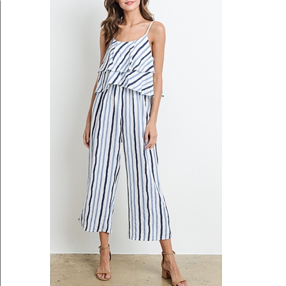 Blue and white striped jumpsuit